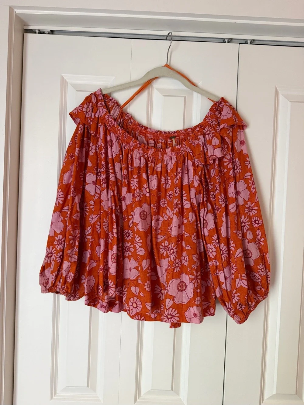 Free People Miss Daisy Pink and Orange Heat Wave Floral Smocked Peasant Blouse
